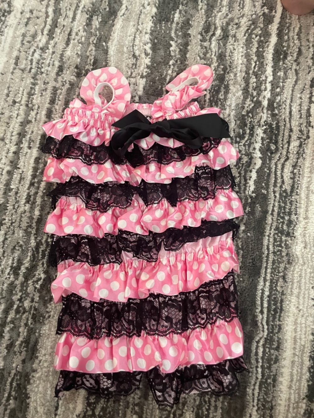 Pink Polka Dot Ruffle Romper with Black Lace Bow